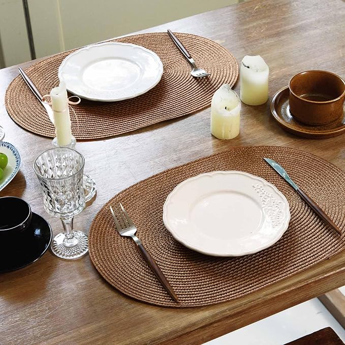 FunWheat Oval Braided Placemats Set of 4 Table Mats for Dining Tables Washable Heat Resistant Place Mats for Indoor Outdoor Use 12 x18 Inch(Oval Light Brown, 4pcs)