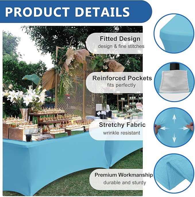Stretch Table Cover for 6 Foot Tables-6 Pack Light Blue Spandex Fitted Tablecloth-Elastic 6ft Folding Tablecloths for Party, Vendor Booth Display, Banquet Buffet Event, Craft Trade Show