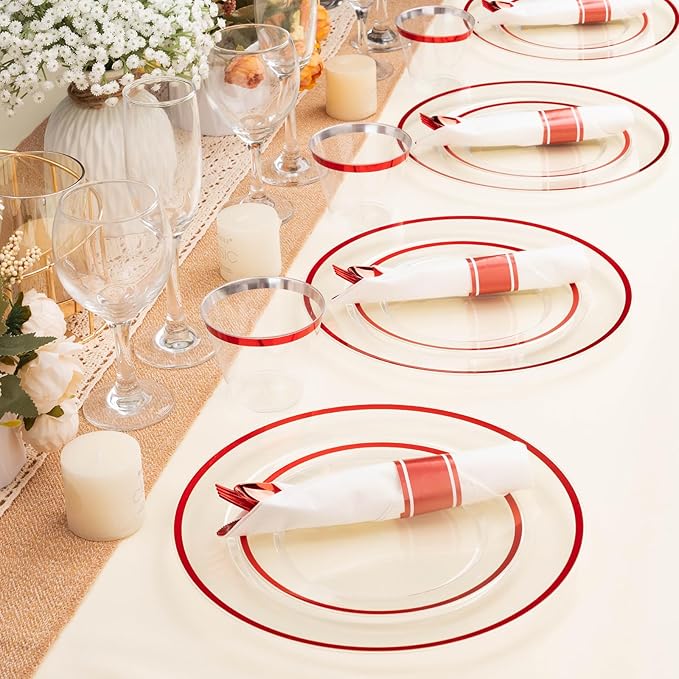 BESTSTAR 175PCS Clear and Red Disposable Plates Set for 25 Guests, 50 Plastic Plates, 25 Cups, 25 Pre-Rolled Napkins with Plastic Cutlery for Party, Birthday, Thanksgiving, Halloween, Christmas