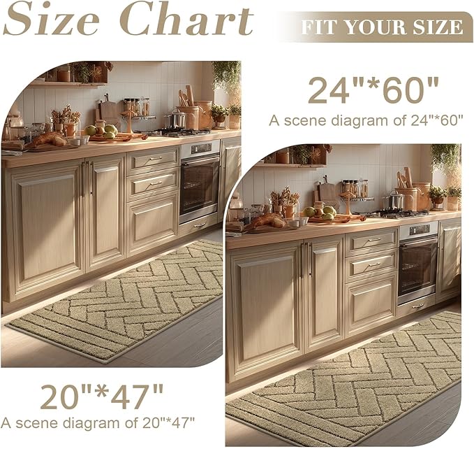 Kitchen Rugs,24" x 59" Non Slip Kitchen Mats for Floor-Thick Stain Resistant Kitchen Floor Mat Runner Carpet for Hallways Entryway Laundry Room Washable(Tan)