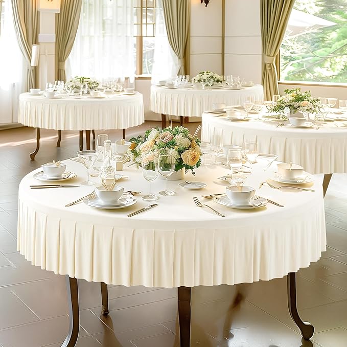 4 Pack Ivory Spandex Round Tablecloths for 72in Table, Stretchy Fitted 6FT Round Table Cloths, Wrinkle Free Table Cover with Skirt for Wedding Birthday Party Bridal Shower Banquet