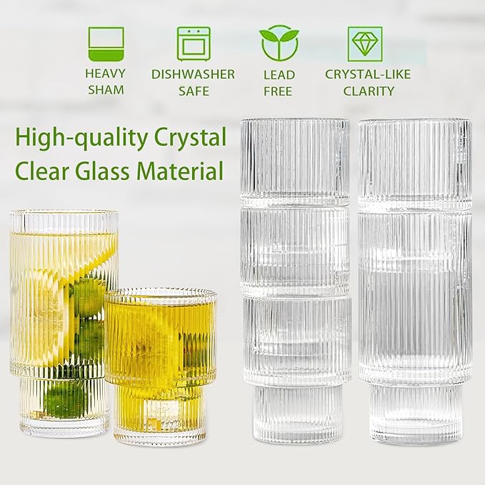 Ribbed Glasses Drinking Glassware - Set of 12 Vintage Cute Cocktail Cups - 6 Pcs Ripple Rluted Aesthetic Drinkware 16 oz & 6 Pcs House Essentials Glass 6 oz for Drink Coffee Beer