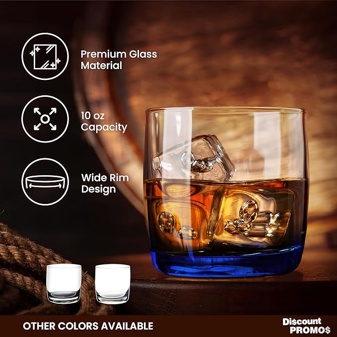 DISCOUNT PROMOS Whiskey Glasses 10 oz Set of 10, Bulk Pack - Heavy Base Old Fashioned Glass, Perfect for Scotch, Bourbon, Whiskey, Cocktail - Blue Bottom Color