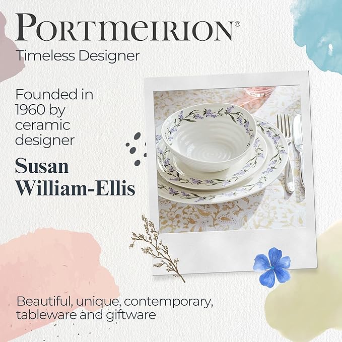Portmeirion Sophie Conran Lavandula 8 Inch Salad Plates, Set of 4 - Rippled Porcelain Plates with Lavender Sprig Detail for Garden Brunches, Casual Entertaining & Seasonal Dining - Dishwasher Safe