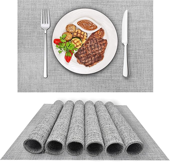 DACHUI Placemats Set of 4, Linen Look Woven Place Mats, Water Resistant, Heat Resistant, Washable, Durable Table Mats (Smoky Grey)