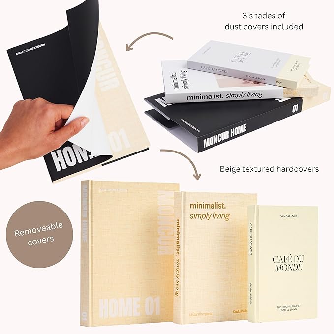 Decorative Coffee Table Books Set of 3 – Neutral Home Décor Beige Hardcovers with Removable Black & White Covers, Real Blank Pages, Modern Room Décor Aesthetic Faux Books for Shelf & Table Styling