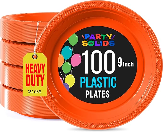 Orange Plastic Plates For Party 9" Orange Disposable Plates Heavy Duty 100 Pcs Plastic Dinnerware Sets Heavy Duty 350 GSM Disposable Dinnerware Set