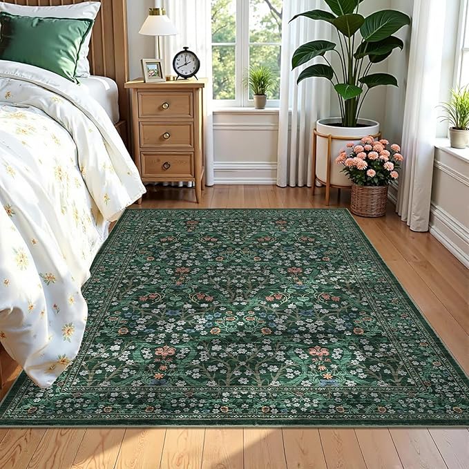 GarveeHome 6x9 Washable Area Rug for Living Room, Floral Dining Room Rugs for Under Table, Low Pile Non-Slip Stain Resistance Floor Carpet for Bedroom, Dark Green