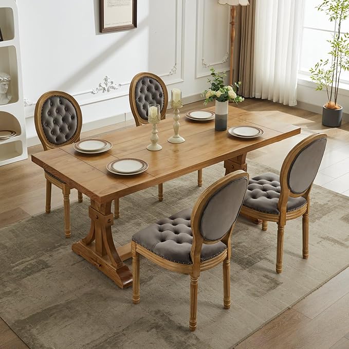 Ball & Cast French Vintage Upholstered Dining Chairs Set of 2, Button Tufted Kitchen Side-Chairs with Carved Antique Wood Frame & Nailhead Trims, 2-Piece Curved Backrest Louis Chair, Velvet Gray