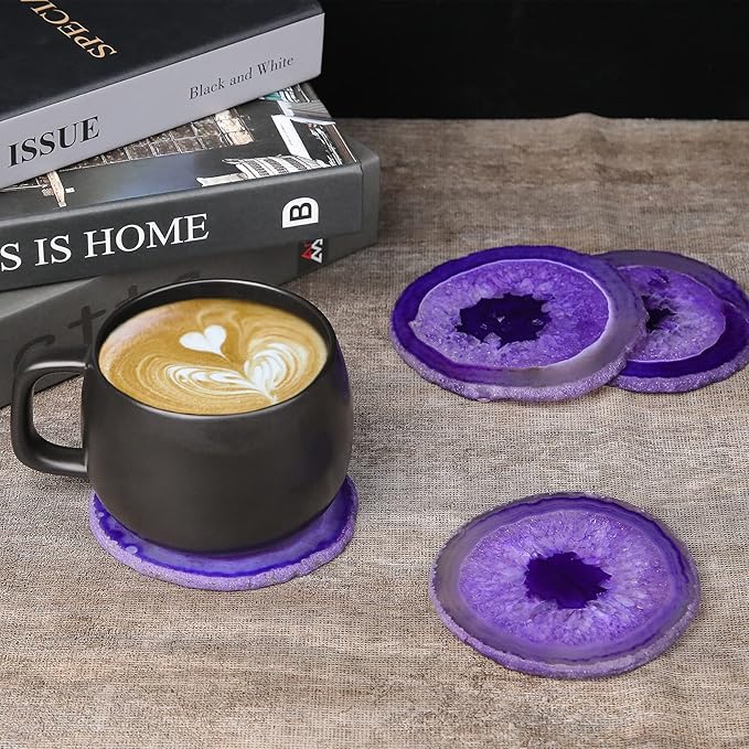 Agate Coaster Set of 4, 3.5-4" Natural Geode Stone Coasters for Drinks Coffee Table Decor Agate Slices Glass Cups Holder for Home Guest Room Housewarming Birthday Gift (Purple)