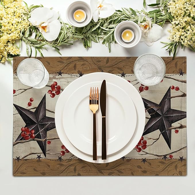 Western Placemats Set of 4 - Rustic Star Tablemats 12x18 Vintage Southwest Place Mats Set for Kitchen Dining Table