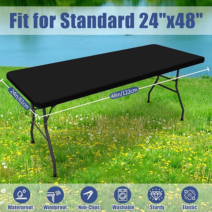 Spandex 4 Foot Rectangle Table Cloth 2 Pack, Elastic Fitted Tablecloths for Picnic, Stretch Washable Patio Table Cover for Outdoor, Camping, Banquet and Parties (Black, 24"x48")