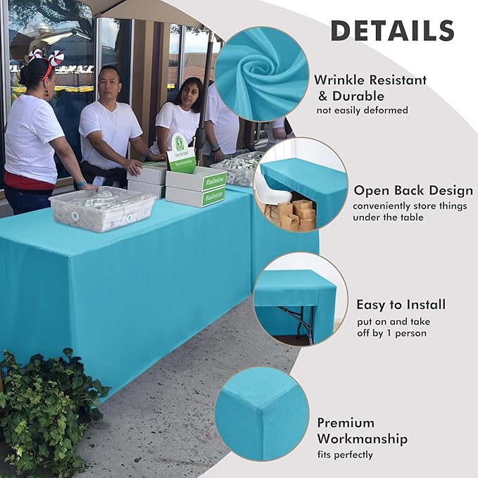 Nasitos 2 Pack Teal 8ft Tablecloth Fitted-Open Back Folding Table Cover Washable and Wrinkle Resistant Table Cloth for Trade Show, Book Fair, Career Fair, Convention, Events