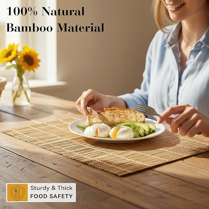 8-Pack Bamboo Placemats,Woven Heat-Resistant Rectangular Table Mats,Natural Dining Place Mats, Rustic Japanese Style Wood Mats for Indoor Dining,Kitchen and Party Use, Coffee
