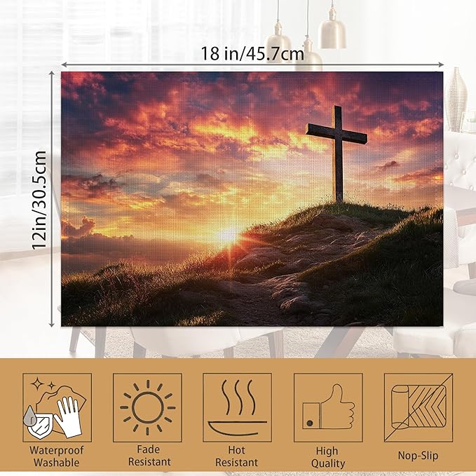 Cross Placemats Set of 6,Sunset Table Mates Non-Slip Heat Resistant Washable Linen Place Mats for Party Kitchen Dining Decoration Indoor Outdoor 12"x18"