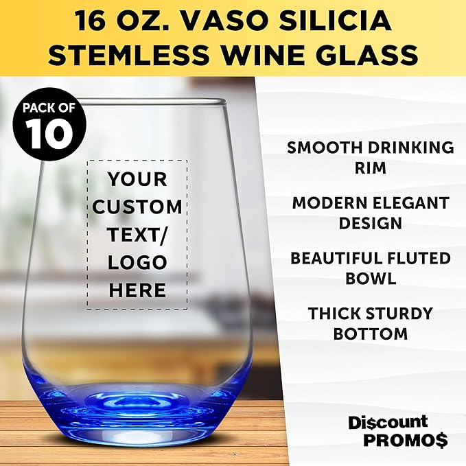 DISCOUNT PROMOS 10 Vaso Silicia Stemless Wine Glasses Set, 16 oz. - Personalized Text, Logo - Clear, Orb-Like, Thick base - Blue
