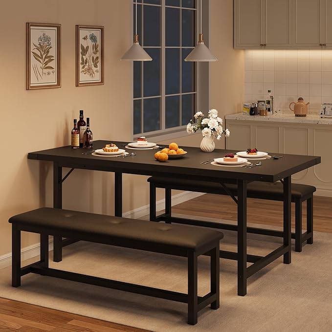 IDEALHOUSE 3-Piece Dining Table Set for 4-6 People, 63" Large Extendable Kitchen Table Set w 2 Soft Benches, Easy Assembly, Space Saving for Apartment, Small Space, Black