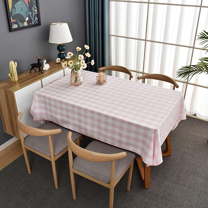 Gingham Table Cloth for Rectangle Tables Pink Checkered Plaid Tablecloth Heavy Duty Cotton Blend Washable & Wrinkle Table Cover for Outdoor Kitchen Dining Picnic Camping (52x70 Inch)