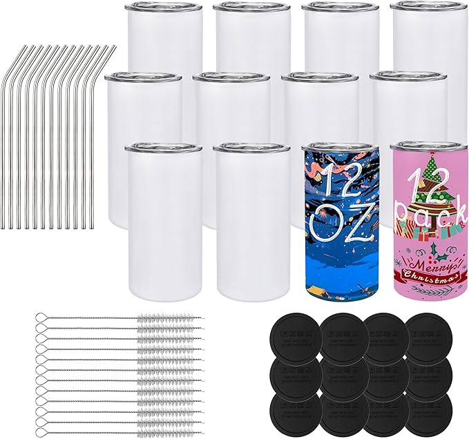 12 Pack 12 oz Sublimation Tumblers Blanks, 12oz Sublimation Tumbler Cups Blank Bulk, Straight Skinny Insulated Cup Stainless Steel Water Bottle with Lid and Straw for Craft DIY…