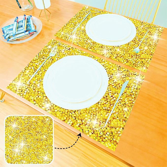 Gold Placemats Gold Heat Resistant Mat Square Placemats Trivets Rhinestone Decor Place Mat Crushed Diamond Decor Bling Sparkly Mat Set of 1