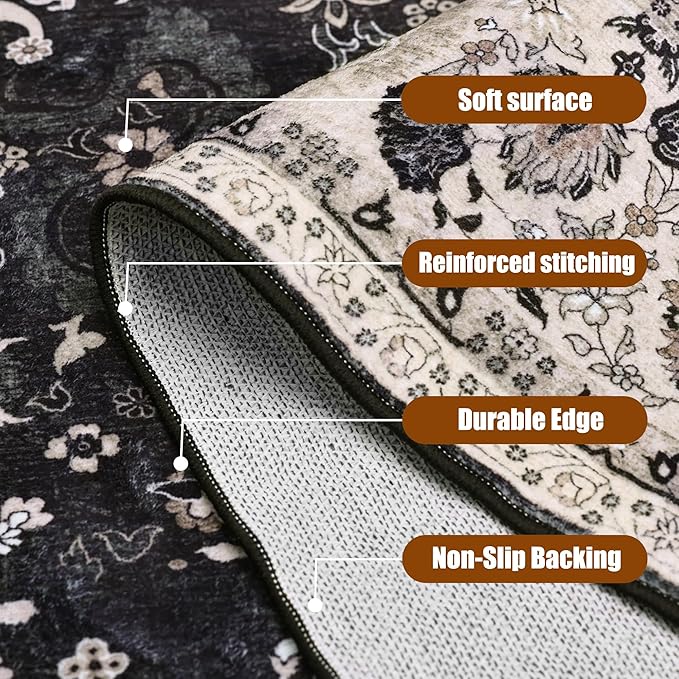 Blcak 8x10 Vintage Rugs for Living Room, Washable Rugs Non Slip Large Area Rug for Bedroom Dining Room Office, Floor Decoration Big Rug Carpet Low-Pile Kid & Pet Friendly(Blcak Navy Multi