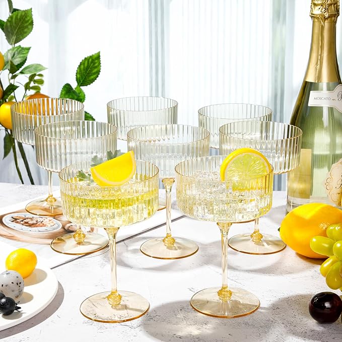 12 Pcs Ribbed Martini Glasses 10 oz Disposable Plastic Vintage Ribbed Coupe Glasses Unbreakable Dessert Parfait Glassware for Wedding Birthday Party Supplies (Gold)