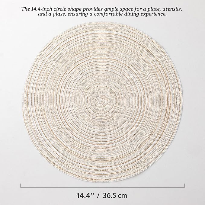 Round Placemats Set of 6 Woven Placemats Washable Braided Table Mats for Dining Table Heat Resistant Non-Slip Circle Place Mats(Cream)