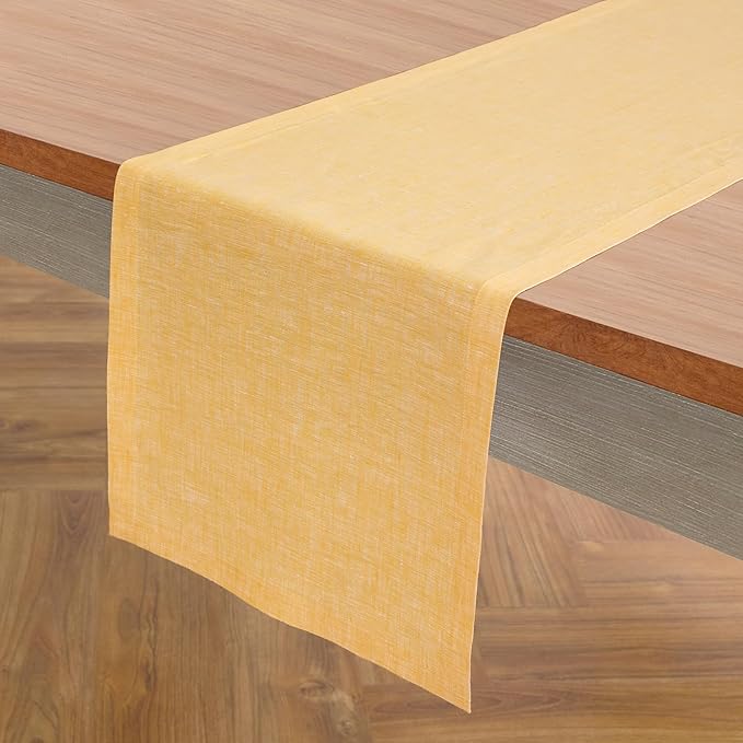 Solino Home Linen Small Table Runner 60 Inches - Athena, 100% Pure Linen Chambray Mustard Yellow Table Runner 14 x 60 Inch Ideal for Dresser and Coffee Tables, Spring, Easter