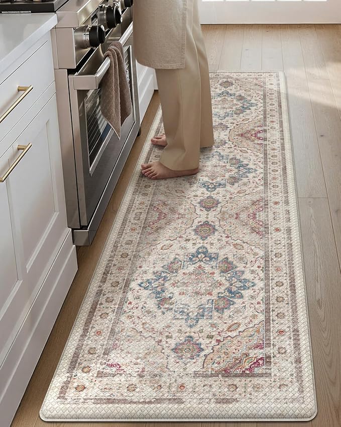 Color&Geometry Kitchen Floor Mats Anti Fatigue, Cushioned Boho Rugs,Waterproof Non Slip Kitchen Runner for Sink, Standing Mats for Office,24"x87",Oatmeal