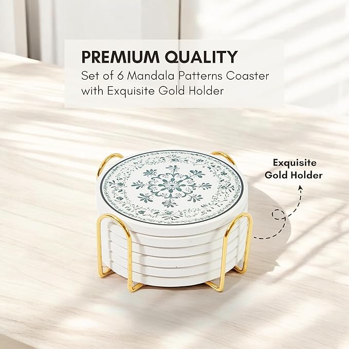 Ceramic Absorbent Mandala Coasters Set of 6 with Holder, Marble Drink Coasters for Coffee Table, Water-Absorbing Stone Coasters (Zen)