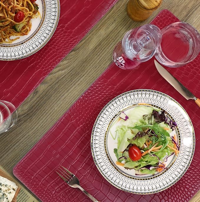 Jovono Faux Leather Placemats Set of 4, Waterproof Heat Resistant Dinner Place Mats for Dining Table, Non-Slip Crocodile Embossed, Red (17.8x11.8 Inch)