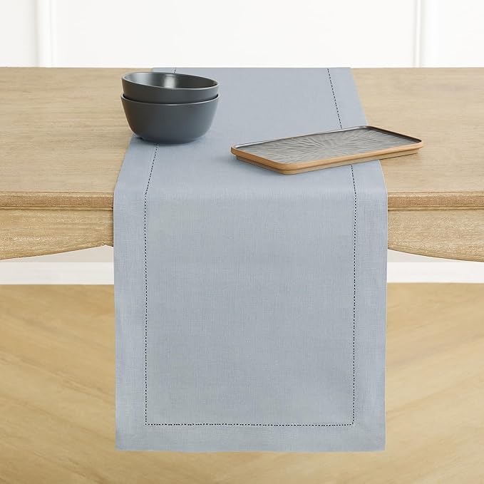 Solino Home Linen Dusty Blue Table Runner 90 Inches Long - 100% Pure Linen Hemstitch 14 x 90 Inch Table Runner for Dining, Winter, Spring, Easter - Classic Hemstitch