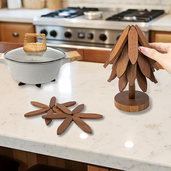 Yuoyar Trivets, Wooden Tree-Shaped Sapeli Wood Drink Trivets Set for Coffee Table, Kitchen Table Decor