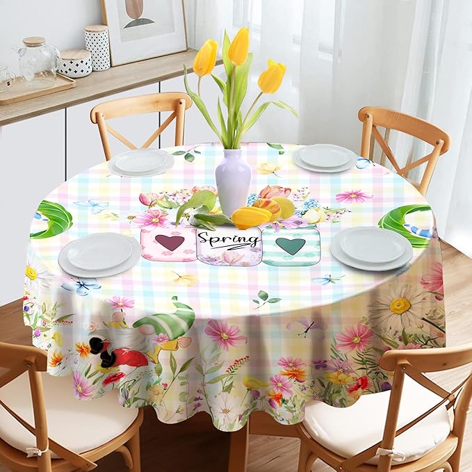 Spring Tablecloth, Rectangle 60 x 120 with Gnome Flowers, Oblong Tablecloth Buffalo Check Plaid Kitchen Table Cover for Dining Room Indoor Decor