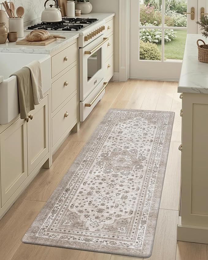 Color&Geometry Kitchen Floor Mats Anti Fatigue, Cushioned Boho Rugs,Waterproof Non Slip Kitchen Runner for Sink, Standing Mats for Office,24"x59",Beige