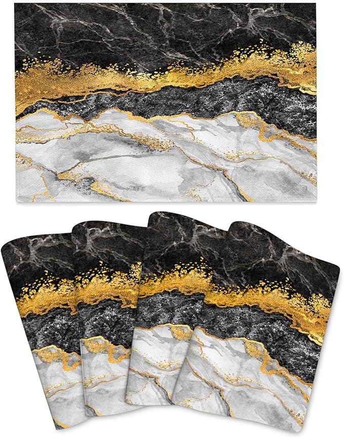 Black Gold Marble Placemats Set of 4 Linen Washable Non-Slip Heat-Resistant Gold and Black Grey Kitchen Table Mats for Dining Outdoor Party Home Decor 12x18 Inch Decorative Place Mats