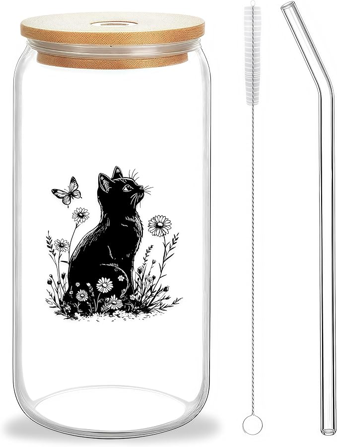 Cute Black Cat Glass Cup With Lids And Straws, Black Cat Gift For Women, Iced, Coffee, Smoothie, Cocktail, Beer, Whiskey, Soda, Matcha,16 Oz, Home Office Table Desk Decoration!