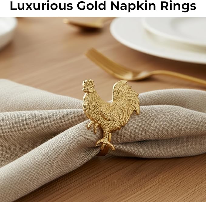CLEENTABLE Napkin Rings Set of 12, Metal Napkin Holder Cuffs for Dinner Table Décor, Thanksgiving Rooster Farmhouse Modern Serviette Rings for Christmas, Weddings, Receptions, Gold