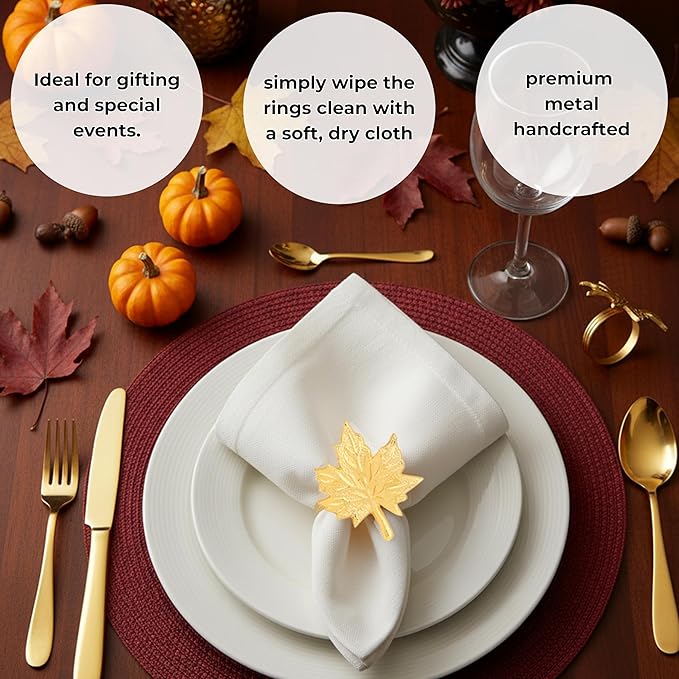 CLEENTABLE Maple Leaf Napkin Rings - Set of 12 Handcrafted Aluminum Napkin Holders for Cloth & Paper Napkins, Elegant Table Décor for Wedding Receptions Thanksgiving Christmas Holiday Parties (Gold)