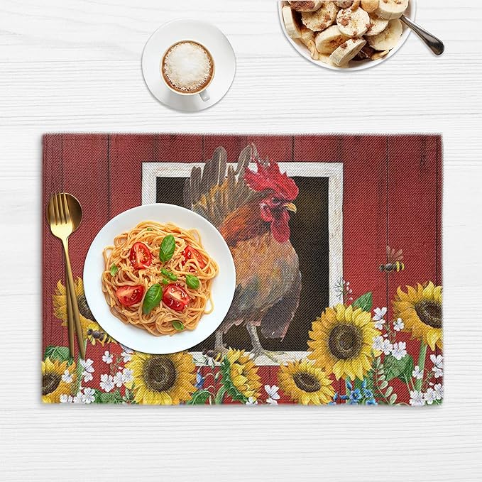 Watercolor Red Barn Cock Placemat Set of 4, Rooster Sunflowers Heart Heat-Resistant Washable Table Place Mats for Kitchen Dining Table Decoration