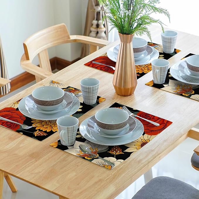 Boho Placemats Set of 4 - Floral Place Mats 12x18 Vintage Flower Table Mats Bohemian Kitchen Mats for Party Dining Table