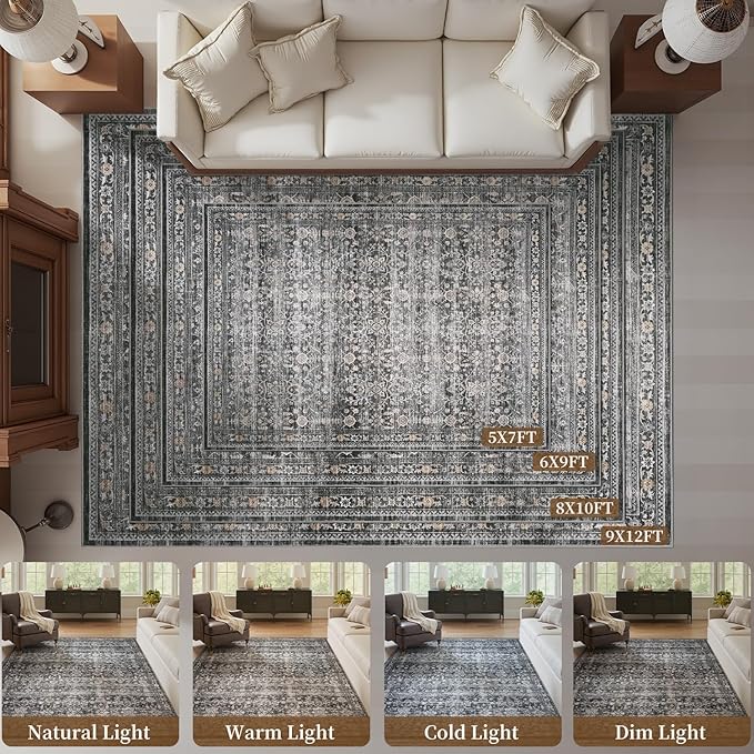 MontVoo-Vintage Area Rug 5X7 Grey Rugs for Living Room-Soft Distressed Printed Rugs for Bedroom-Non Slip Carpet-Machine Washable Rug for Dining Room Living Room Bedside Office