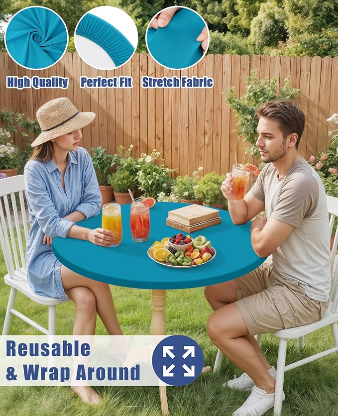 Round Spandex Tablecloth, Elastic Fitted Waterproof Tablecloths for 31"-35" Tables, Stretch Washable Picnic Table Cover for Camping, Dining, Indoor and Outdoor, Turquoise