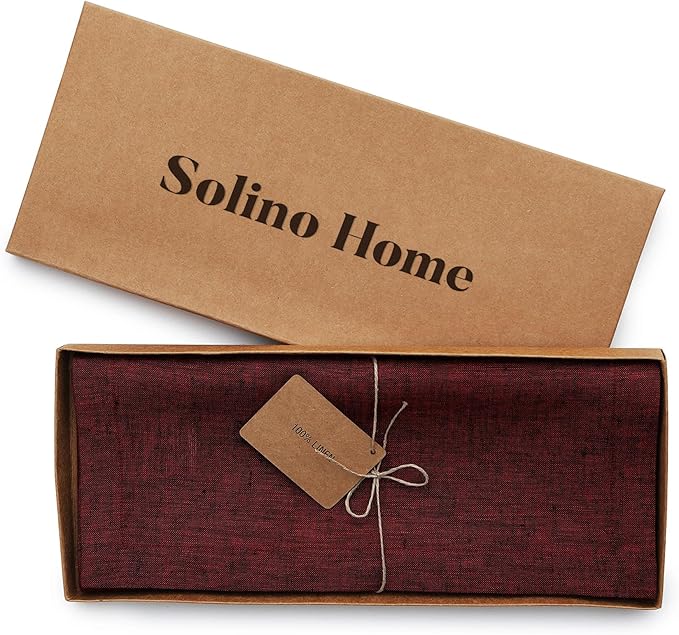 Solino Home Linen Table Runner 120 Inches Long - Athena, 100% Pure Linen Red Garnet 14 x 120 Inch Table Runner for Dining, Valentines