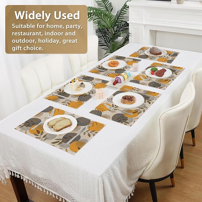 Leaves Place Mats Set of 6, Stripes and Dots Table Mats,Heat Insulation Non Slip Washable Dining Placemats for Wedding Holiday Party Kitchen Decor 12X18 in