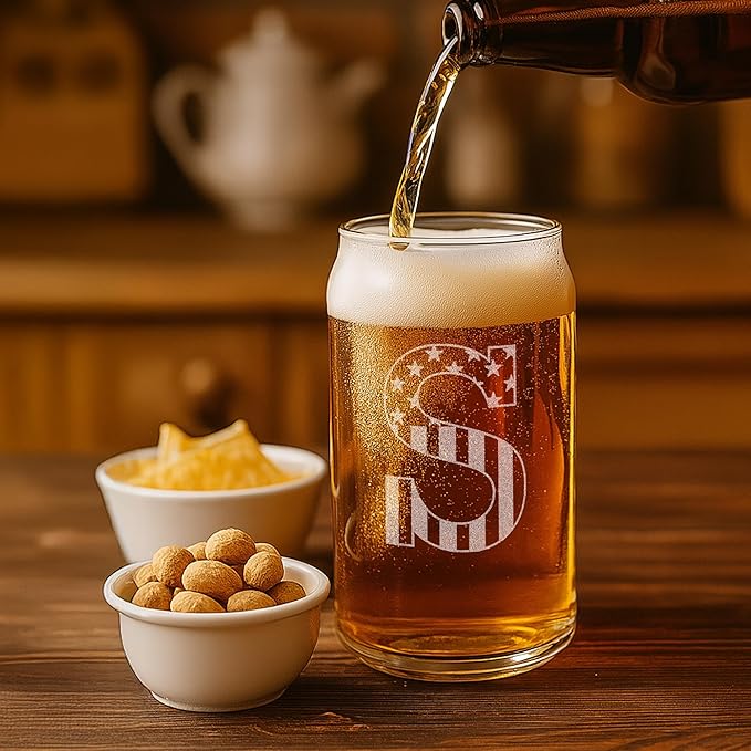 Monogram Beer Glasses for Men (A-Z) 16 oz - Beer Gifts for Men Brother Son Dad Neighbor - Unique Christmas Gifts for Him - Personalized Drinking Gift Beer Glass Mugs - Engraved Beer Can Glass (S)