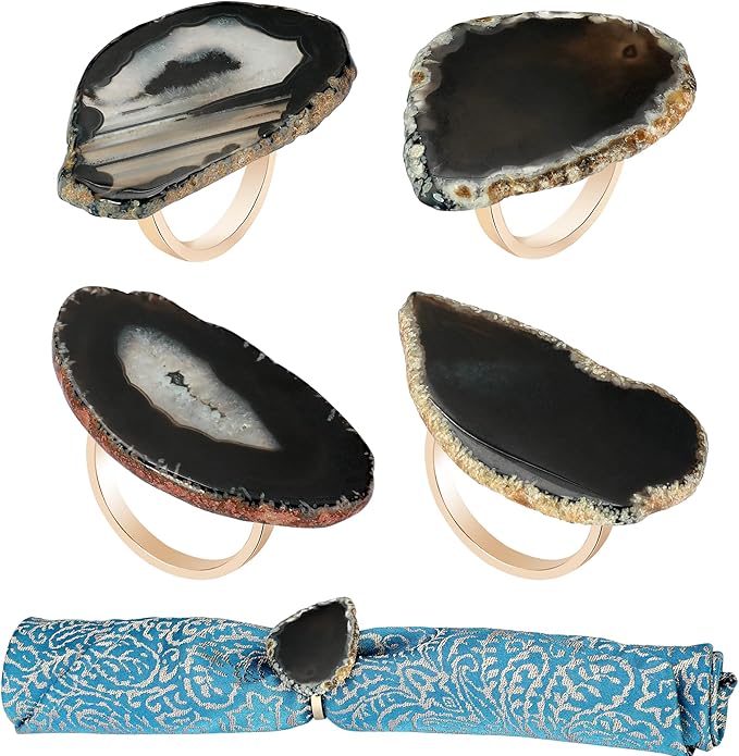 CozyTower Agate Napkin Rings Set of 4, Gold Napkin Holders for Cloth Napkins, Unique Wedding Decorations Napkin Ring Kitchen Accessories for Dinner Party (Black Agate)
