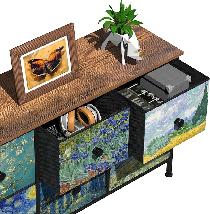 EXOTICA 6 Drawer Dresser for Bedroom Van Gogh Chest of Drawers Wide TV Stands Fabric Storage Drawer Unit for Living Room Entryway Closet Sturdy Steel Frame Wood Top