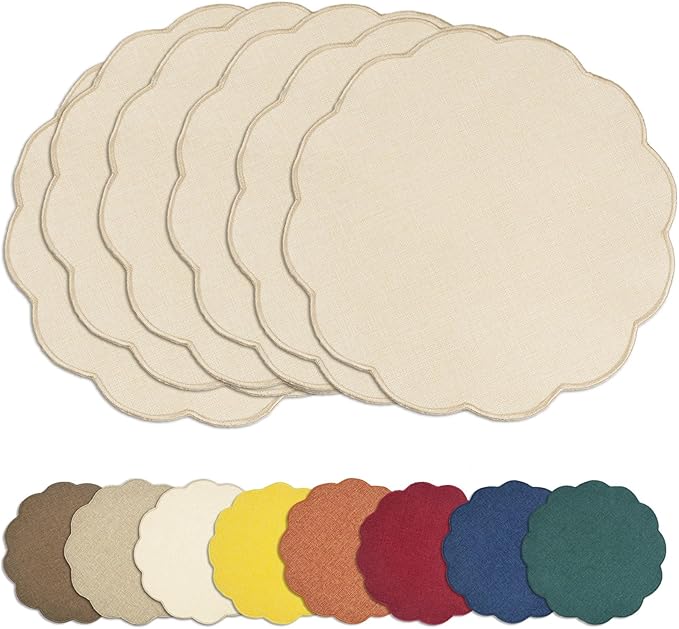 AHHFSMEI Round Faux Linen Placemats Set of 8 Waterproof Table Mats Heat Resistant Non-Slip and Stain Proof for Kitchen Dining Elegant Decor (Beige,8)