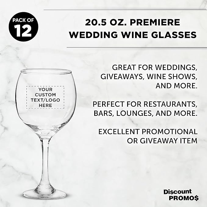 Custom Premiere Wedding Wine Glasses 20.5 oz Set of 12, Personalized Bulk Pack - Restaurant Glassware, Perfect for Red Wine or White Wine - Clear